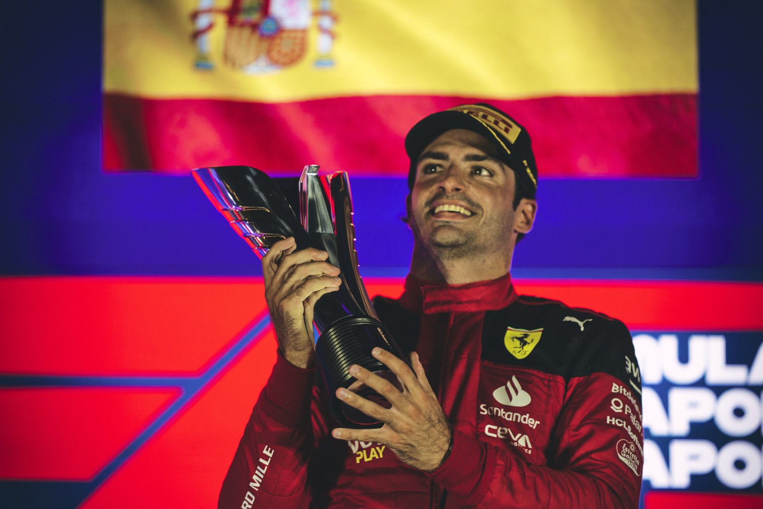 Carlos Sainz Jr celebrates the win credit: @Scuderia Ferrari Press Office