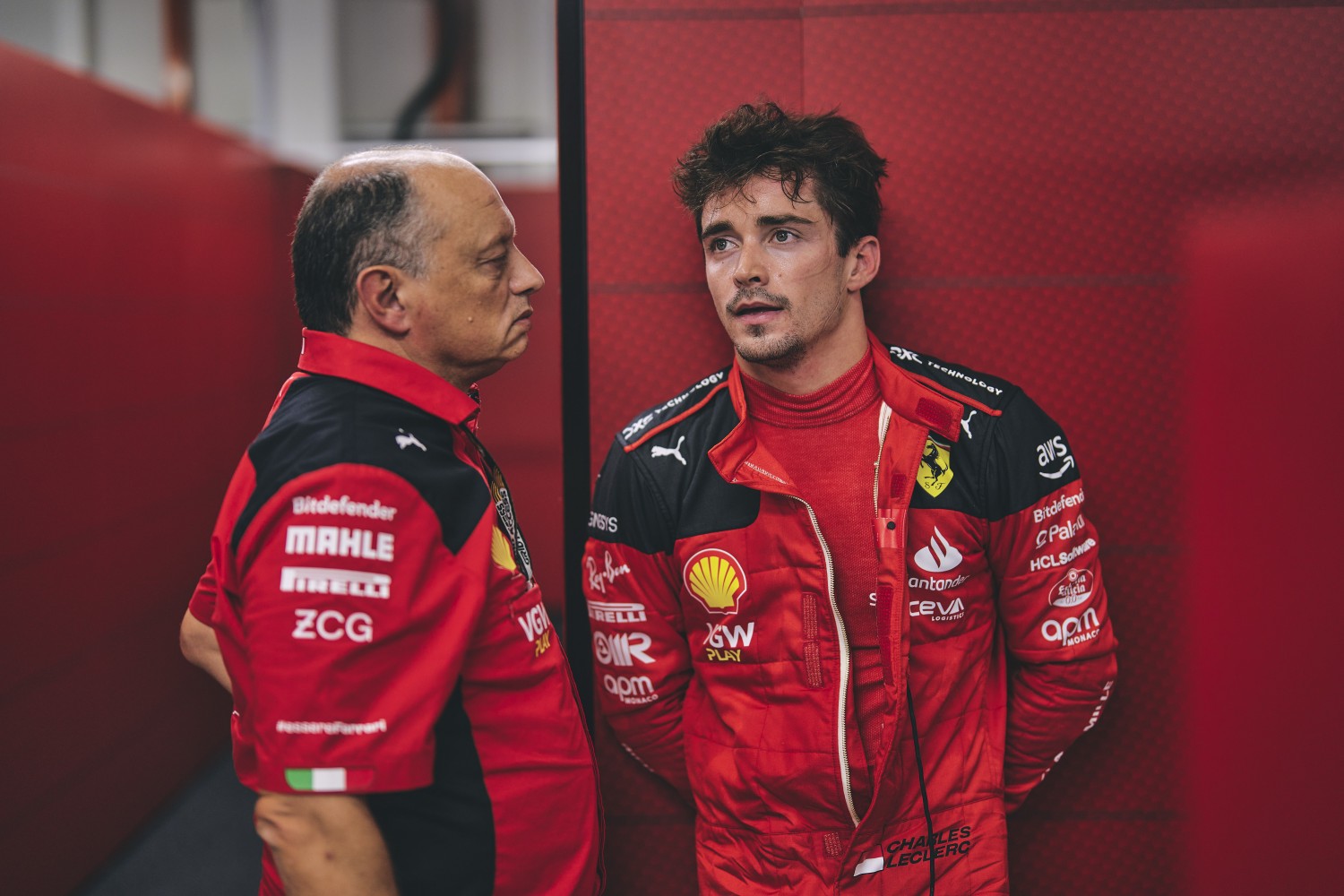 Frederic Vasseur tries to cheer up a defeated Charles Leclerc credit @Scuderia Ferrari Press Office
