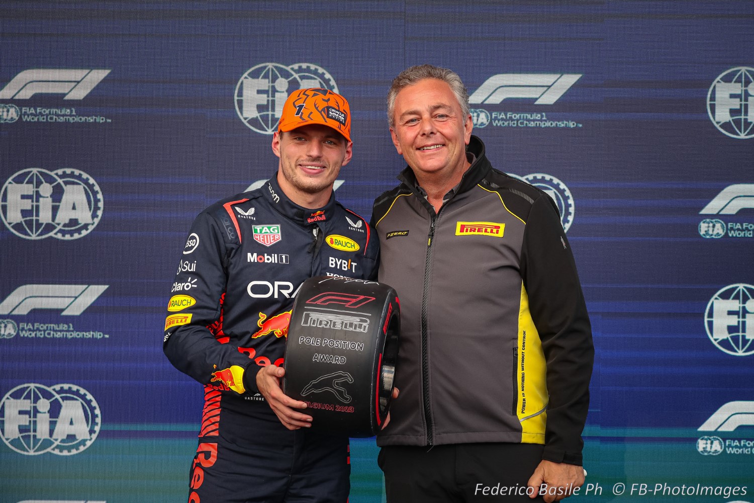 Pole Belgian GP pics Max Verstappen with Mario Isola (Pirelli) during the Belgian GP, Spa-Francorchamps 27-30 July 2023 Formula 1 World championship 2023.