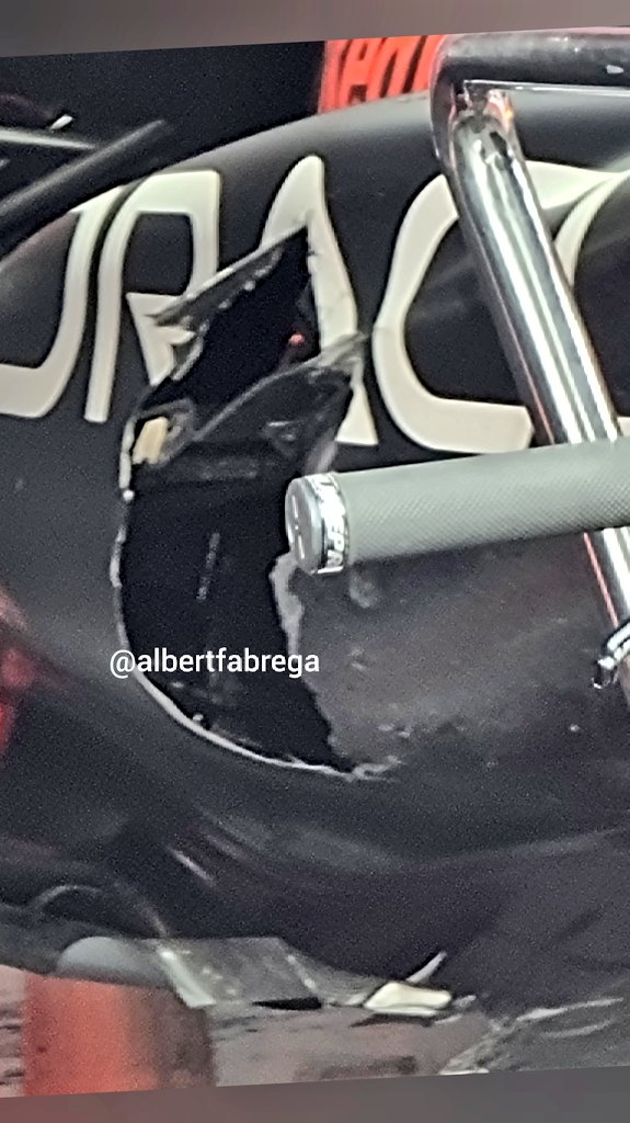 Hole in Perez Sidepod after Lewis Hamilton ran into him on purpose