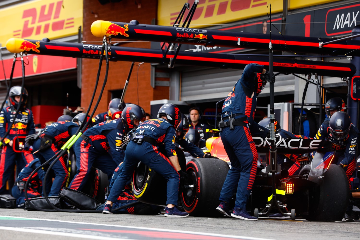 Sergio Perez, Red Bull Racing RB19, in the pits during the Belgian GP at Circuit de Spa Francorchamps on Sunday July 30, 2023 in Spa, Belgium. (Photo by Steven Tee / LAT Images)