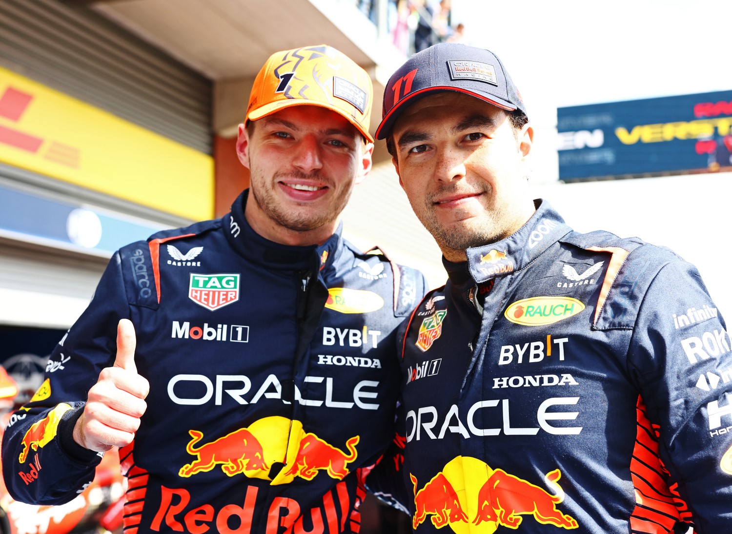 Race winner Max Verstappen of the Netherlands and Oracle Red Bull Racing and Second placed Sergio Perez of Mexico and Oracle Red Bull Racing celebrate in parc ferme during the F1 Grand Prix of Belgium at Circuit de Spa-Francorchamps on July 30, 2023 in Spa, Belgium. (Photo by Mark Thompson/Getty Images) // Getty Images / Red Bull Content Pool