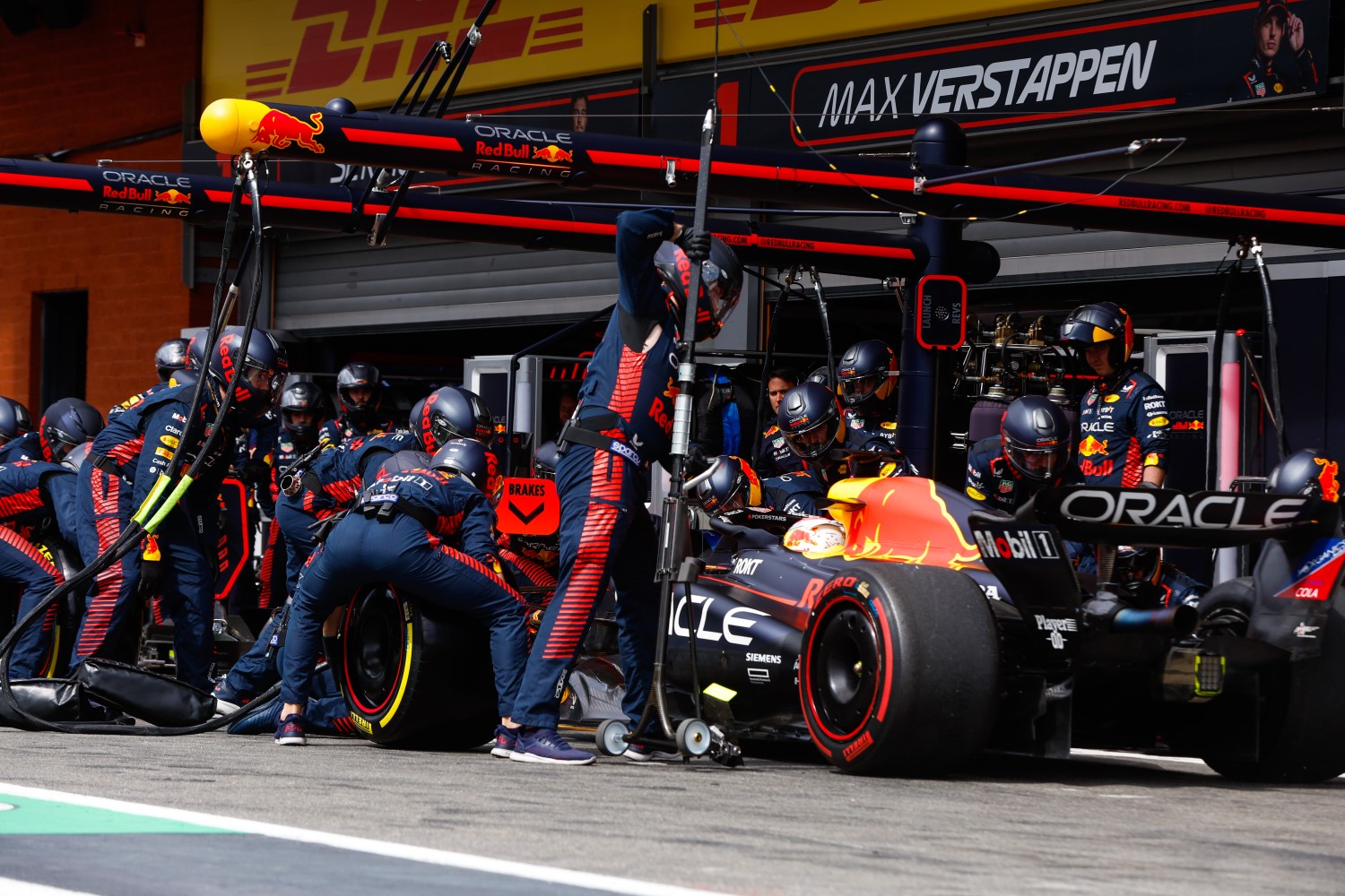 Max Verstappen, Red Bull Racing RB19, in the pits during the Belgian GP at Circuit de Spa Francorchamps on Sunday July 30, 2023 in Spa, Belgium. (Photo by Steven Tee / LAT Images)