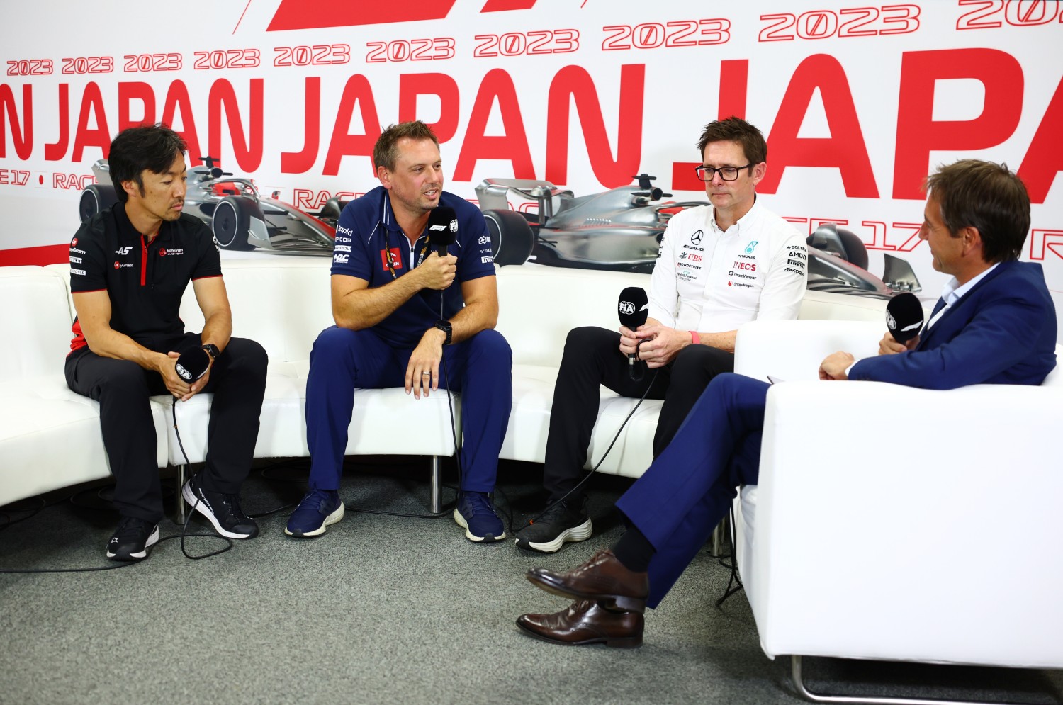 Ayao Komatsu, Trackside Engineering Director at Haas F1, Jonathan Eddolls, Head of Trackside Engineering for Scuderia AlphaTauri and Andrew Shovlin, Trackside Engineering Director of Mercedes GP attend the Drivers Press Conference during practice ahead of the F1 Grand Prix of Japan at Suzuka International Racing Course on September 22, 2023 in Suzuka, Japan. (Photo by Dan Istitene/Getty Images) // Getty Images / Red Bull Content Pool