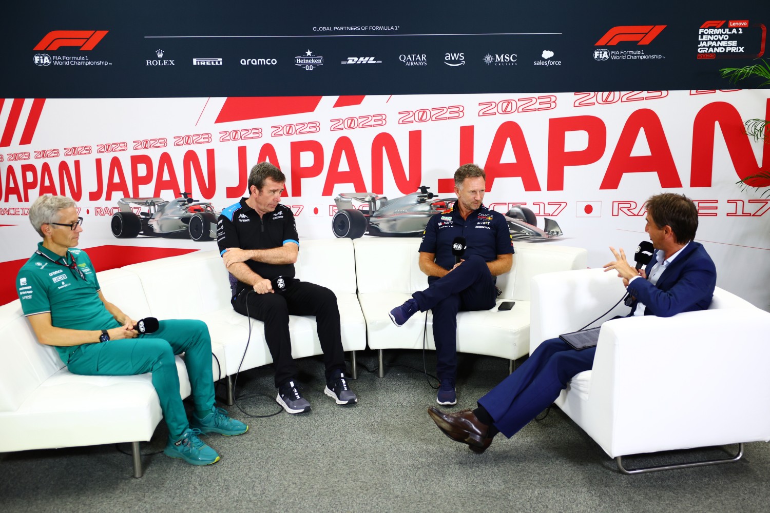 Mike Krack, Team Principal of the Aston Martin F1 Team, Bruno Famin, Interim Team Principal of Alpine F1 and Red Bull Racing Team Principal Christian Horner attend the Team Principals Press Conference during practice ahead of the F1 Grand Prix of Japan at Suzuka International Racing Course on September 22, 2023 in Suzuka, Japan. (Photo by Dan Istitene/Getty Images) // Getty Images / Red Bull Content Pool