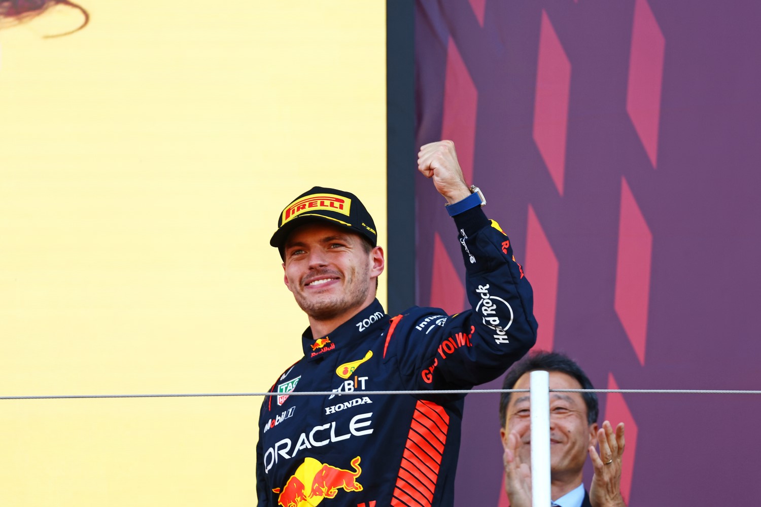 Race winner Max Verstappen of the Netherlands and Oracle Red Bull Racing celebrates on the podium during the F1 Grand Prix of Japan at Suzuka International Racing Course on September 24, 2023 in Suzuka, Japan. (Photo by Mark Thompson/Getty Images) // Getty Images / Red Bull Content Pool