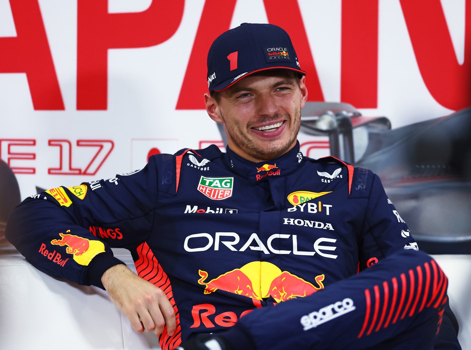 Pole position qualifier Max Verstappen of the Netherlands and Oracle Red Bull Racing talks in a press conference after qualifying ahead of the F1 Grand Prix of Japan at Suzuka International Racing Course on September 23, 2023 in Suzuka, Japan. (Photo by Bryn Lennon/Getty Images) // Getty Images / Red Bull Content Pool