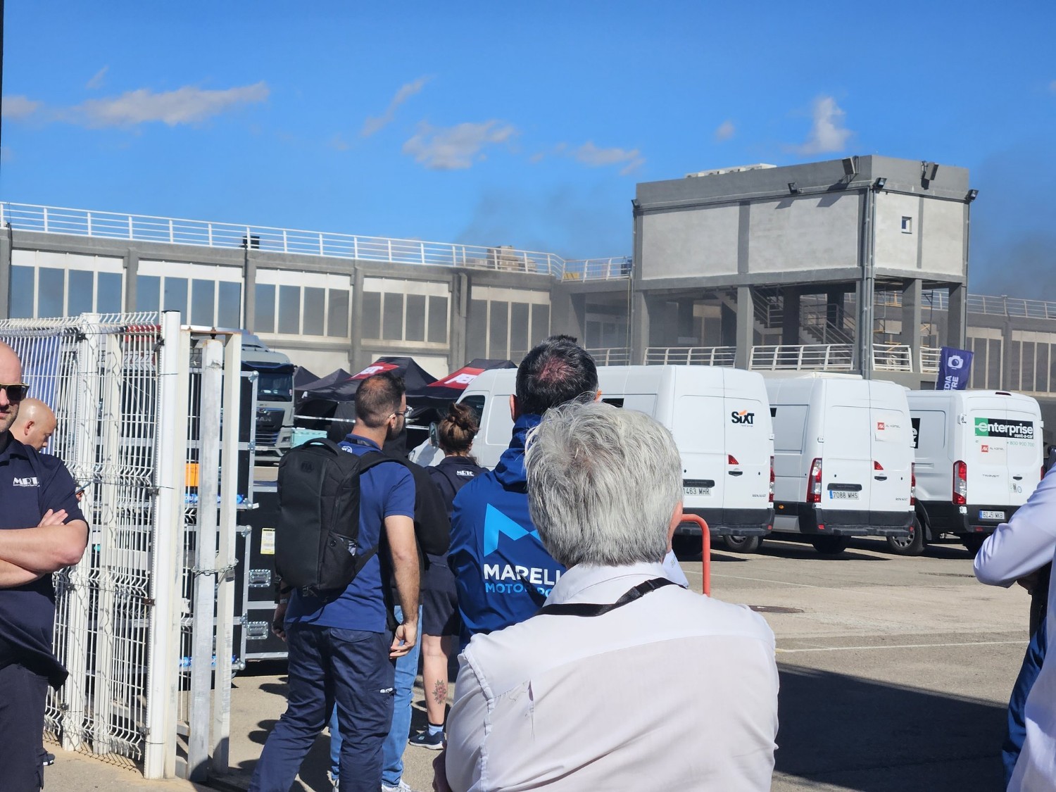 Smoke billows from the Formula E garages in Valencia