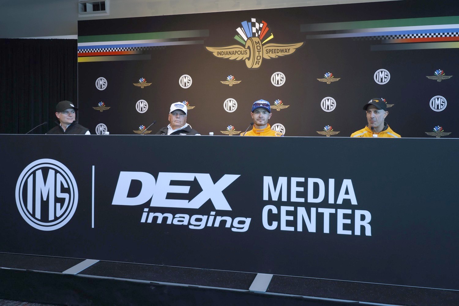 Jeff Gordon_ Rick Hendrick_ Kyle Larson and Tony Kanaan - Indianapolis 500 ROP Press Conference. Photo courtesy of Penske Entertainment