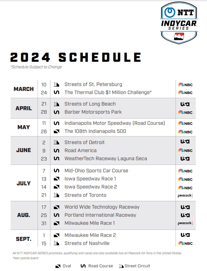 INDYCAR Unveils 17Race Schedule for 2024 NTT INDYCAR SERIES with