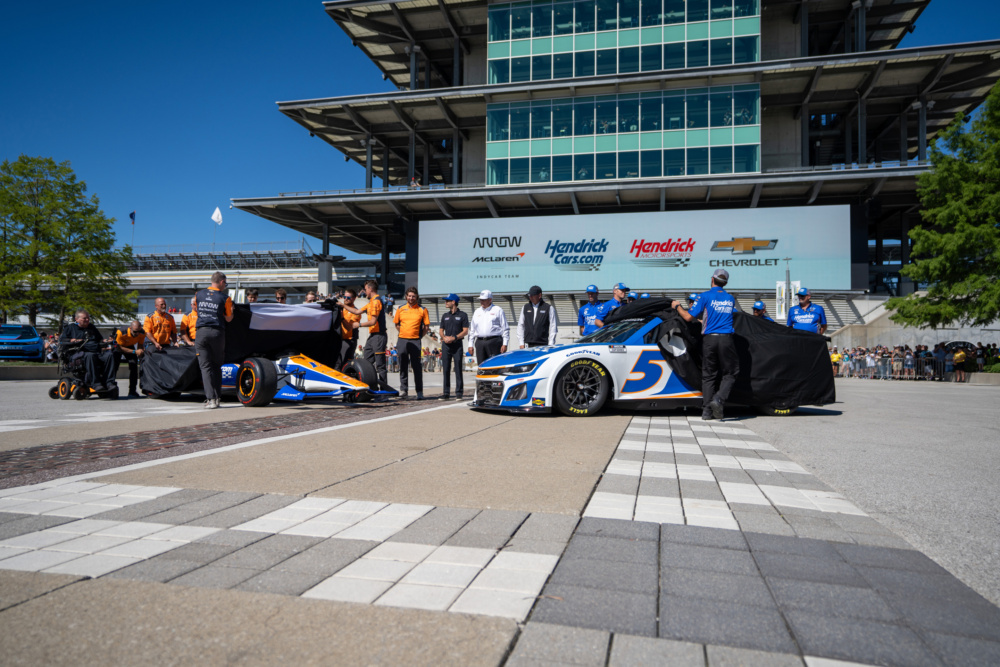 Kyle Larson and his Hendrick Team revealing the liveries Larson will run next may at the Indy 500 and Coca-Cola 600