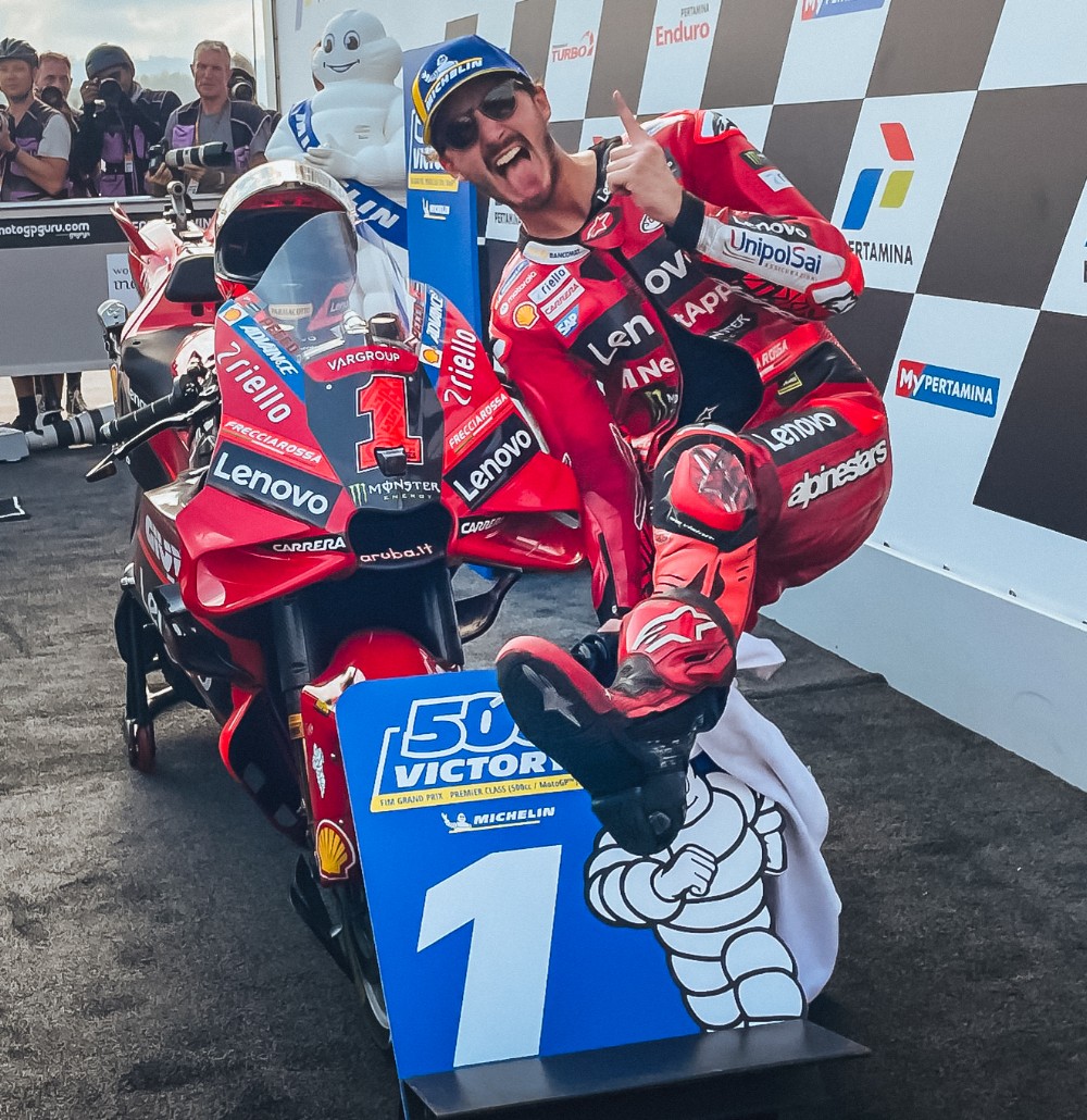 From P13 on the grid Francesco Bagnaia is back on the top spot, and in the championship lead, following a dramatic Indonesian GP in which championship rival, and leader after yesterday's Sprint, Jorge Martin, crashed out from the lead of the race!