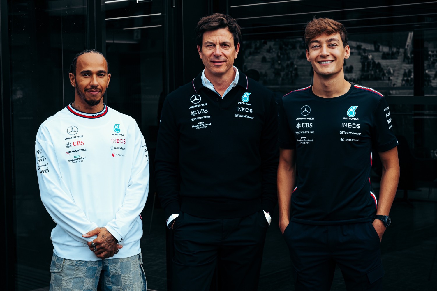 Lewis Hamilton, Toto Wolff and George Russell