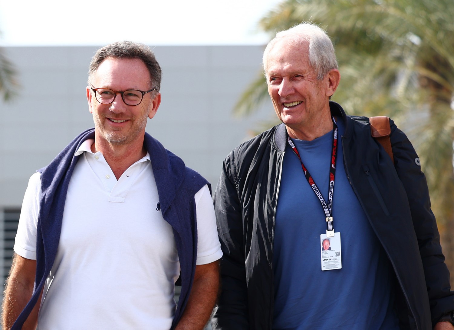 Red Bull Racing Team Principal Christian Horner and Red Bull Racing Team Consultant Dr Helmut Marko walk in the Paddock at Bahrain International CircuitPhoto by Mark Thompson/Getty Images) // Getty Images / Red Bull Content Pool