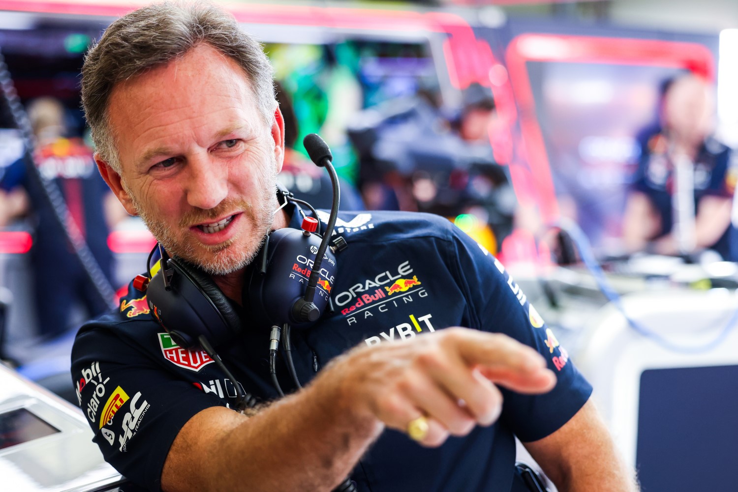 Red Bull Racing Team Principal Christian Horner looks on in the garage during practice ahead of the F1 Grand Prix of Bahrain at Bahrain International Circuit on March 03, 2023 in Bahrain, Bahrain. (Photo by Mark Thompson/Getty Images) // Getty Images / Red Bull Content Pool