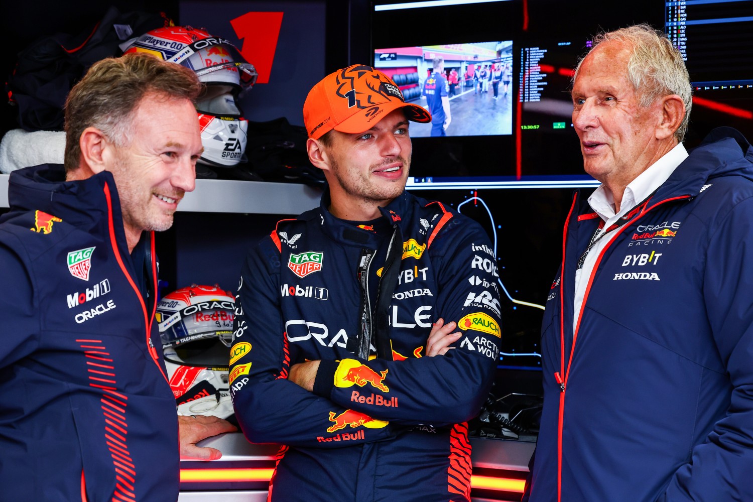 Red Bull Racing Team Principal Christian Horner, Max Verstappen of the Netherlands and Oracle Red Bull Racing and Red Bull Racing Team Consultant Dr Helmut Marko talks in the garage during practice