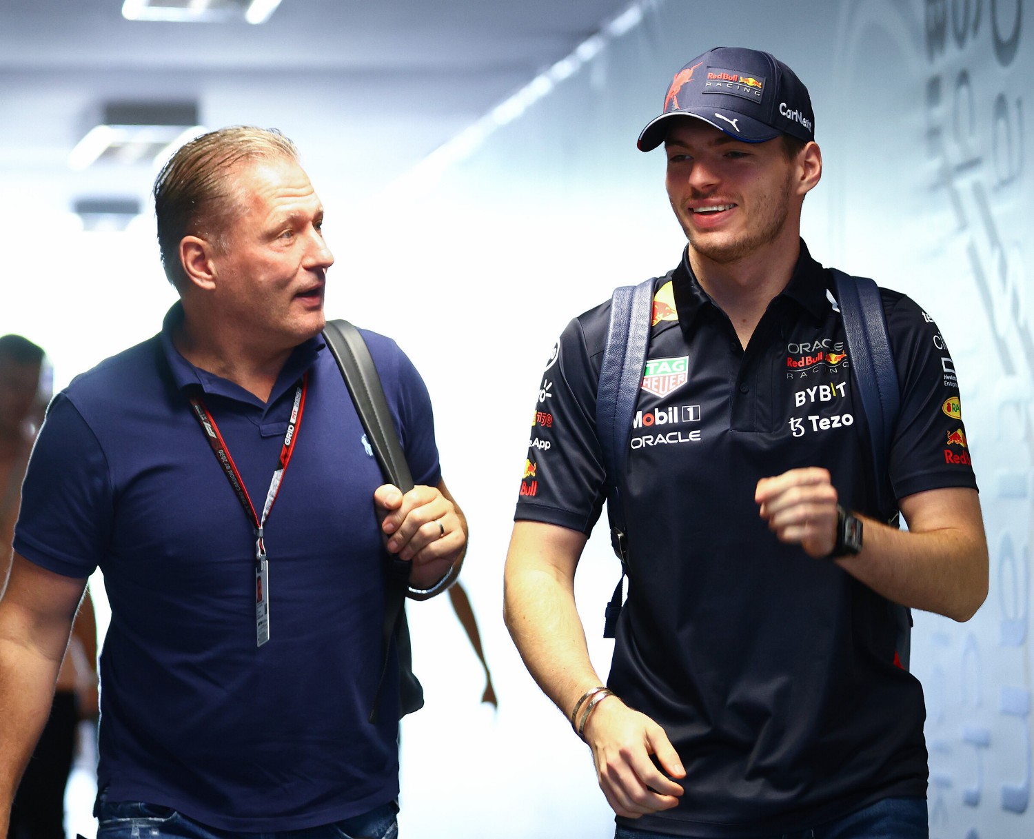 Max Verstappen of the Netherlands and Oracle Red Bull Racing walks in the Paddock with his father Jos Verstappen ahead of the F1 Grand Prix of Hungary at Hungaroring on July 31, 2022 in Budapest, Hungary. (Photo by Mark Thompson/Getty Images) // Getty Images / Red Bull Content Pool