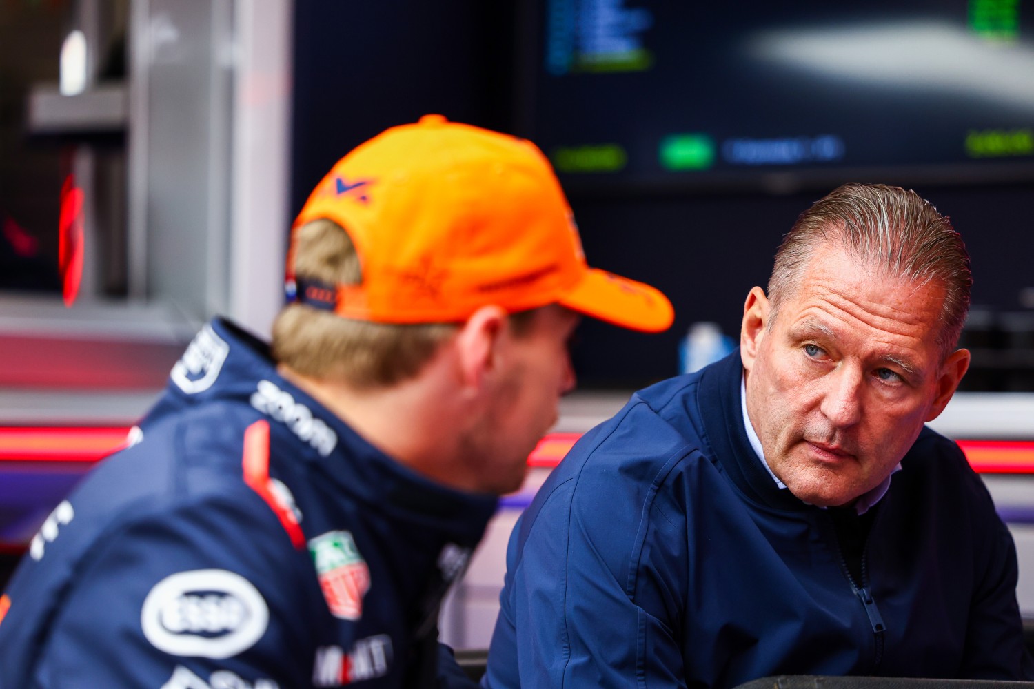 Jos Verstappen talks with Max Verstappen of the Netherlands and Oracle Red Bull Racing in the garage prior to the F1 Grand Prix of Belgium at Circuit de Spa-Francorchamps on July 30, 2023 in Spa, Belgium. (Photo by Mark Thompson/Getty Images) // Getty Images / Red Bull Content Pool