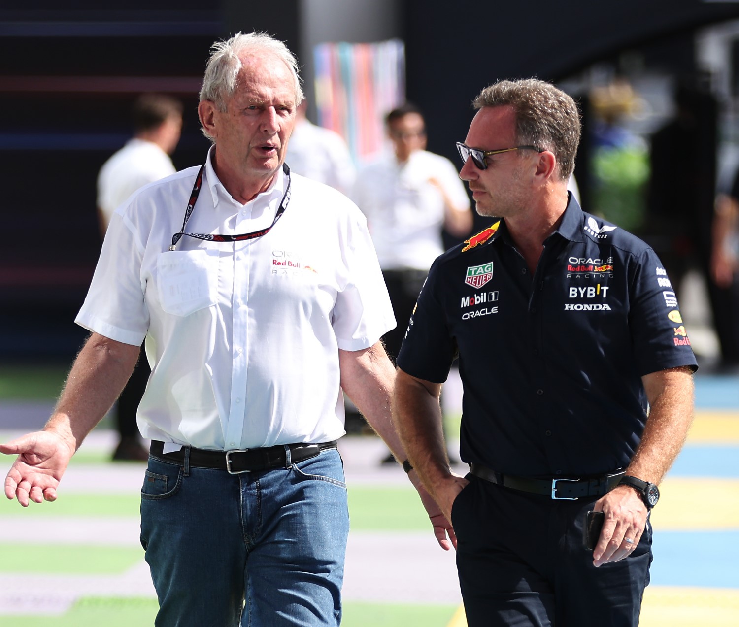 Red Bull Racing Team Consultant Dr Helmut Marko and Red Bull Racing Team Principal Christian Horner walk in the Paddock prior to final practice ahead of the F1 Grand Prix of Saudi Arabia at Jeddah Corniche Circuit on March 18, 2023 in Jeddah, Saudi Arabia. (Photo by Lars Baron/Getty Images) // Getty Images / Red Bull Content Pool