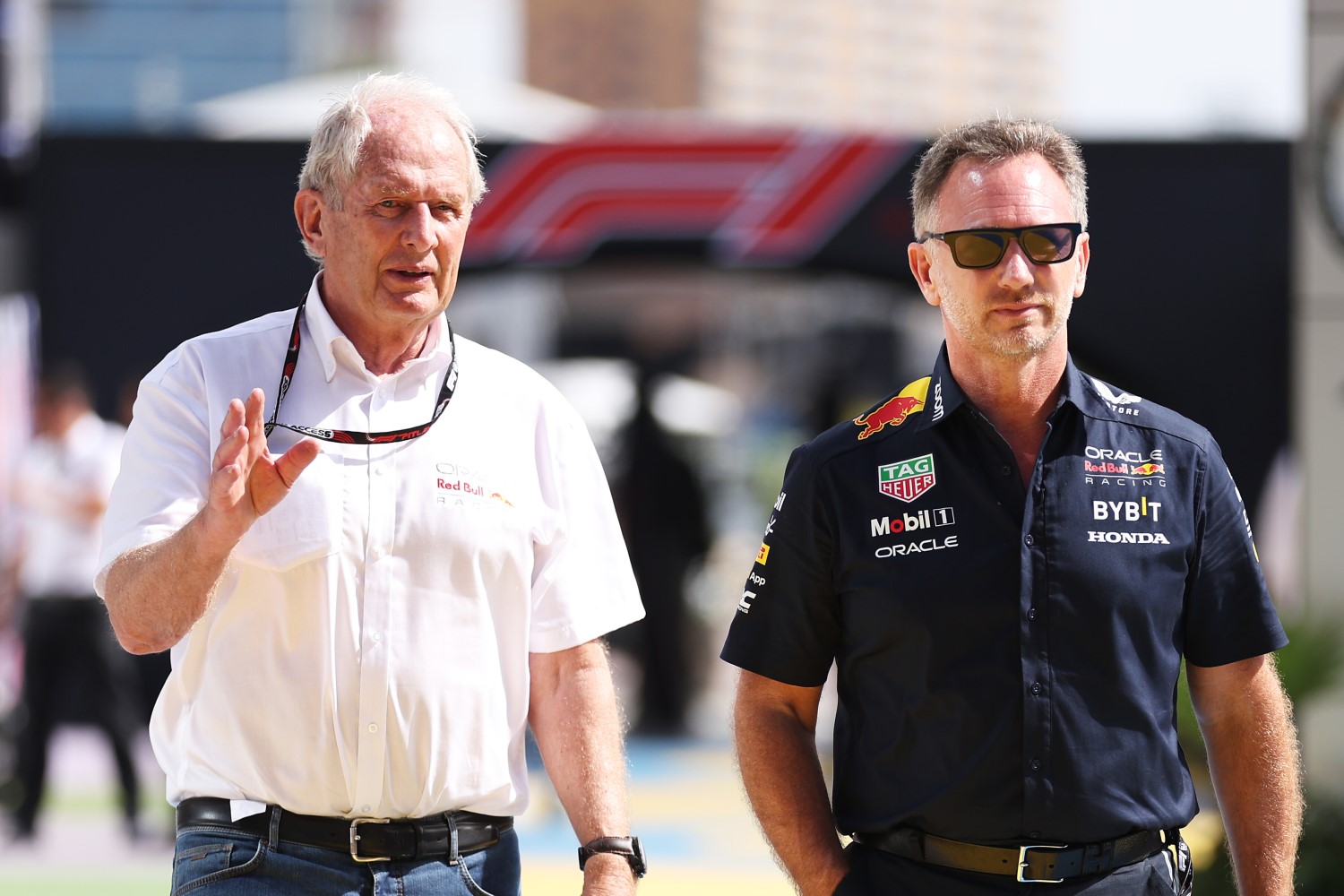 Red Bull Racing Team Consultant Dr Helmut Marko and Red Bull Racing Team Principal Christian Horner walk in the Paddock prior to final practice ahead of the F1 Grand Prix of Saudi Arabia at Jeddah Corniche Circuit on March 18, 2023 in Jeddah, Saudi Arabia. (Photo by Lars Baron/Getty Images) // Getty Images / Red Bull Content Pool