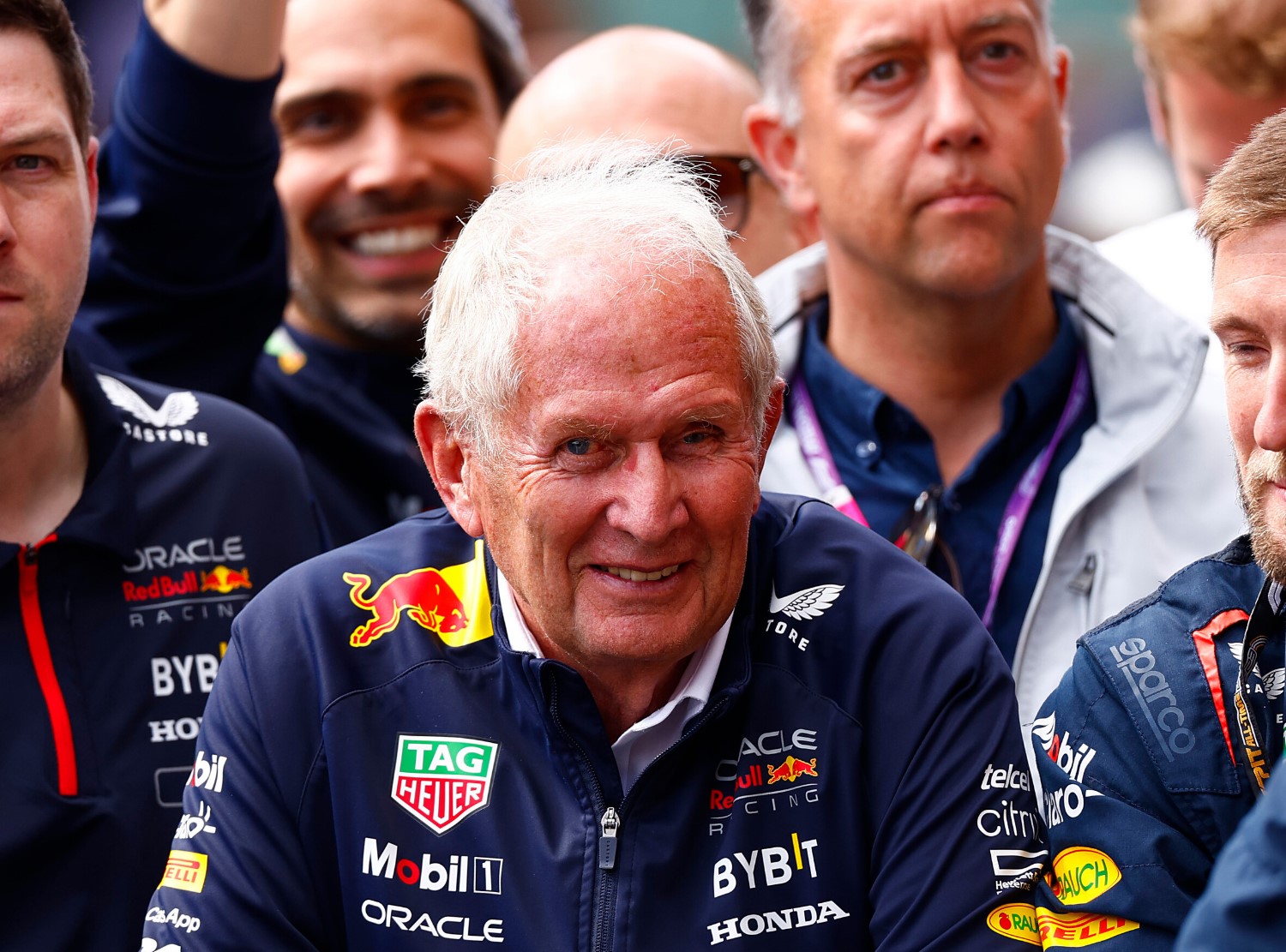 Red Bull Racing Team Consultant Dr Helmut Marko and the Red Bull Racing team look on at the podium celebrations during the F1 Grand Prix of Belgium at Circuit de Spa-Francorchamps on July 30, 2023 in Spa, Belgium. (Photo by Francois Nel/Getty Images) // Getty Images / Red Bull Content Pool