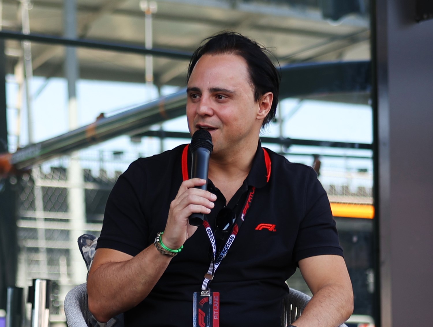 Felipe Massa chat to the audience during the Saudi Arabian GP at Jeddah Street Circuit on Thursday March 16, 2023 in Jeddah, Saudi Arabia. (Photo by Glenn Dunbar / LAT Images)