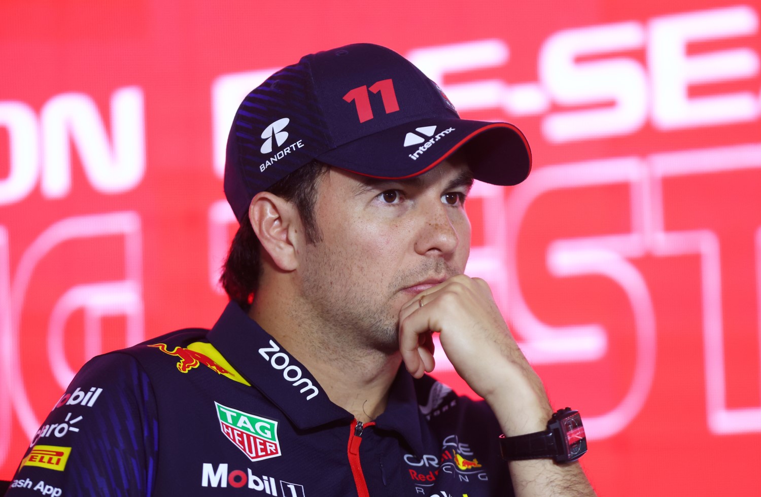 Sergio Perez of Mexico and Oracle Red Bull Racing looks on in the Drivers Press Conference during day one of F1 Testing at Bahrain International Circuit on February 23, 2023 in Bahrain, Bahrain. (Photo by Dan Istitene/Getty Images) // Getty Images / Red Bull Content Pool