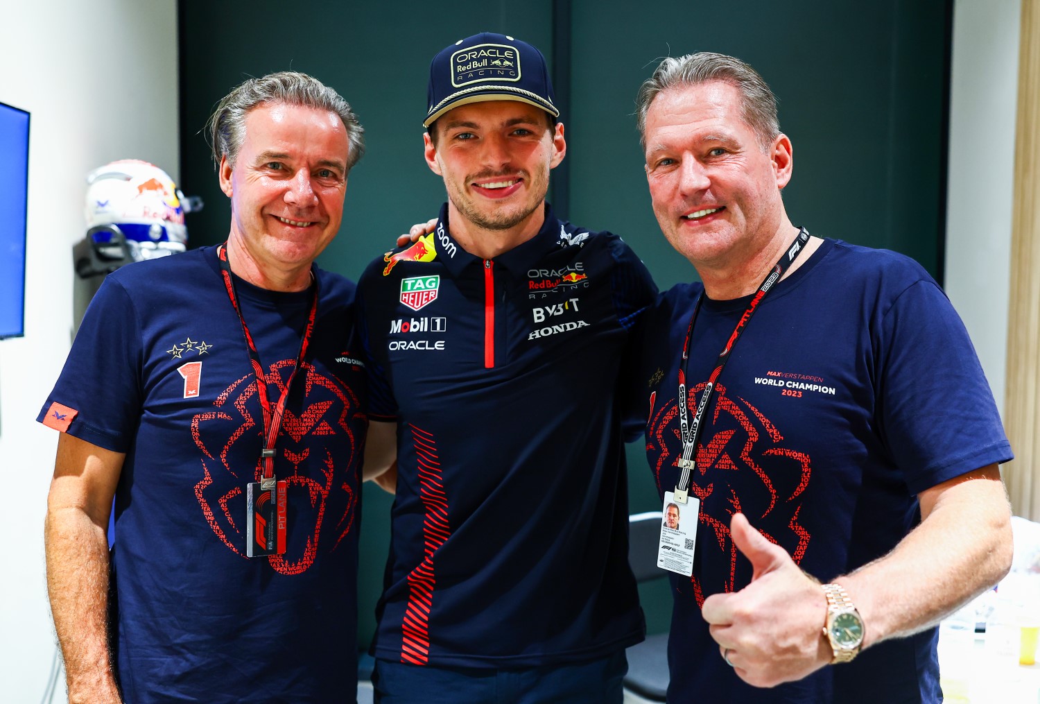 F1 World Drivers Champion Max Verstappen of the Netherlands and Oracle Red Bull Racing, Jos Verstappen and Raymond Vermeulen pose for a photo  (Photo by Mark Thompson/Getty Images) // Getty Images / Red Bull Content Pool