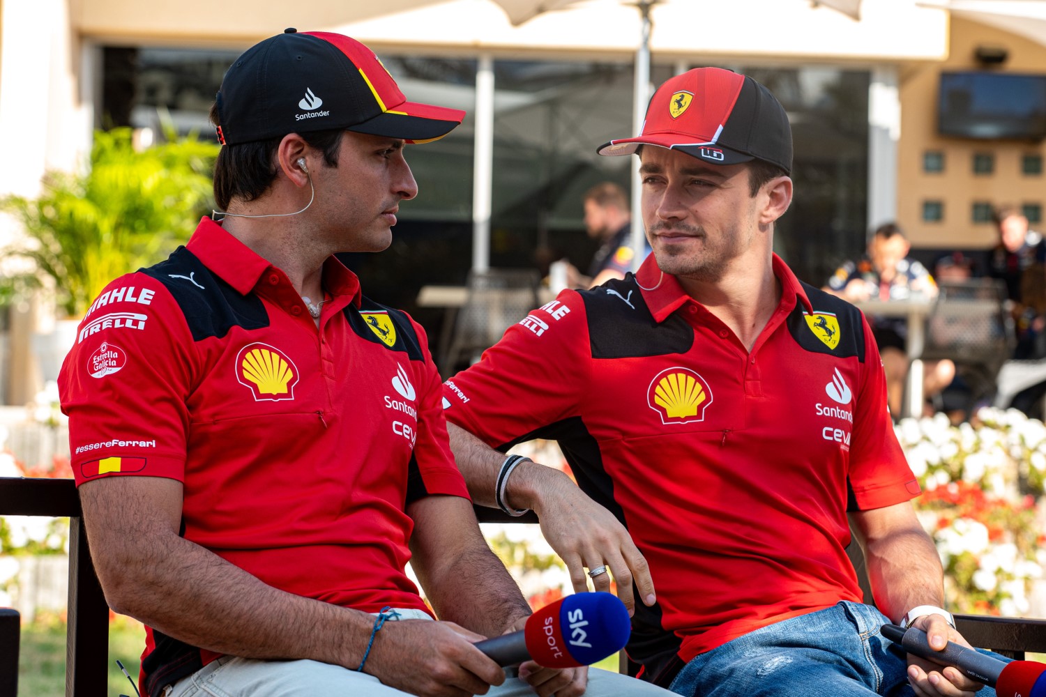 Carlos Sainz Jr. and Charles Leclerc prepare for Sky Sports Interview. credit: @Scuderia Ferrari Press Office