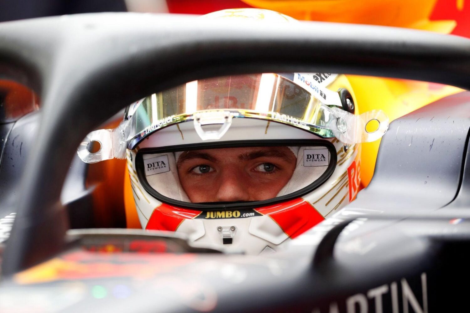 Max Verstappen stares from his cockpit