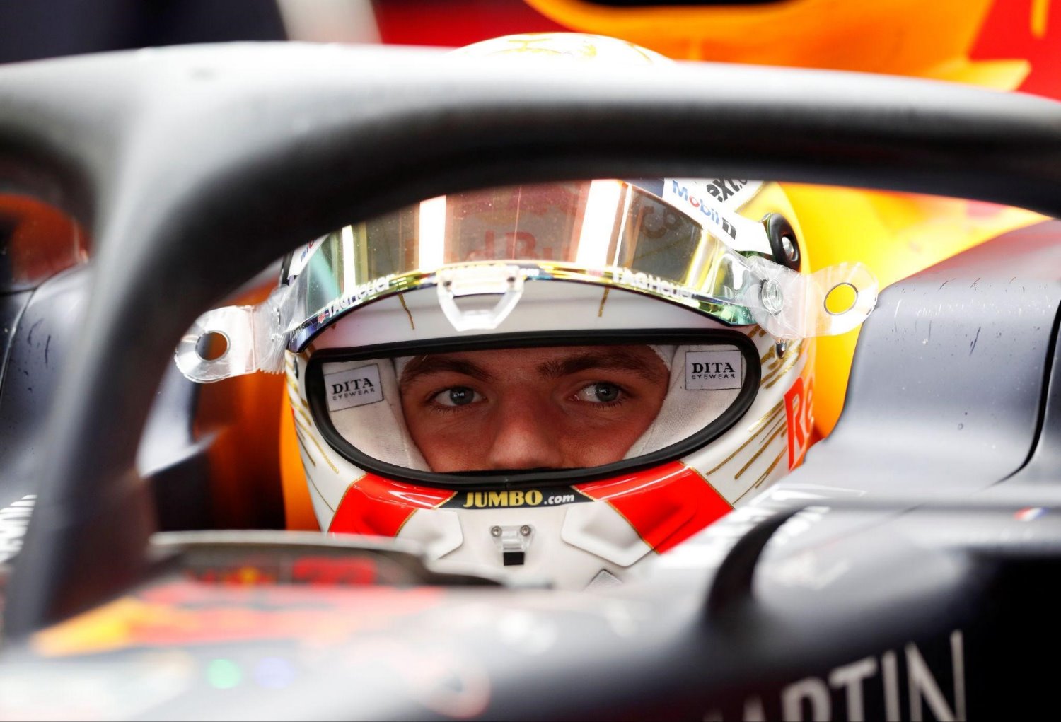 Max Verstappen stares from his cockpit