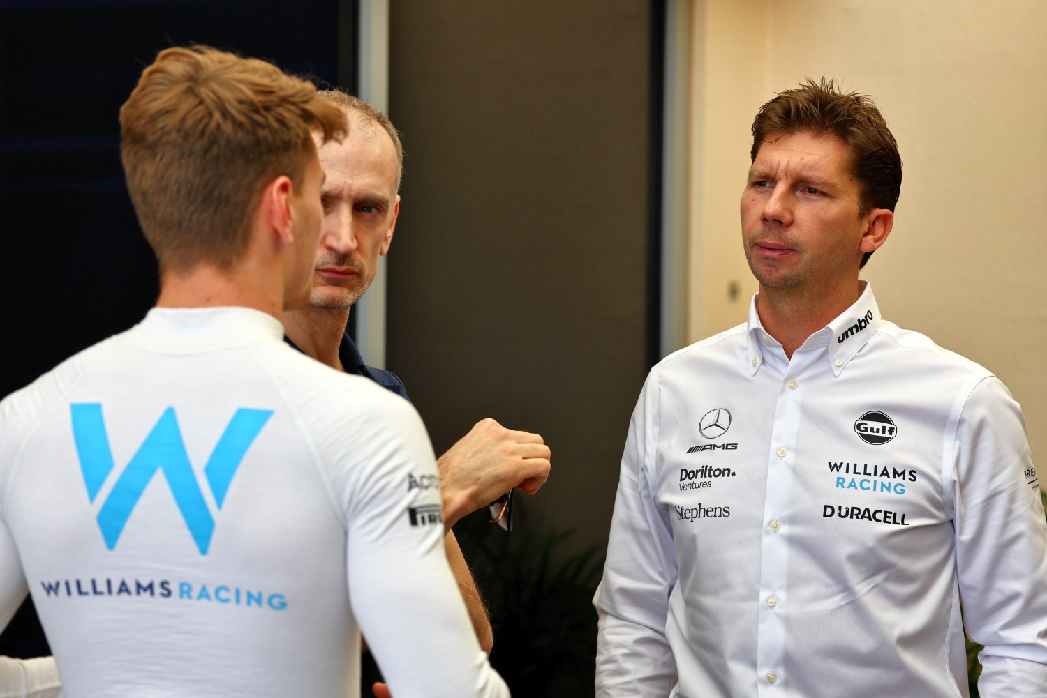 James Vowles (GBR) Williams Racing Team Principal (Right) with Logan Sargeant (USA) Williams Racing. Formula One World Championship, Rd 1, Bahrain Grand Prix, Thursday 2nd March 2023. Sakhir, Bahrain.