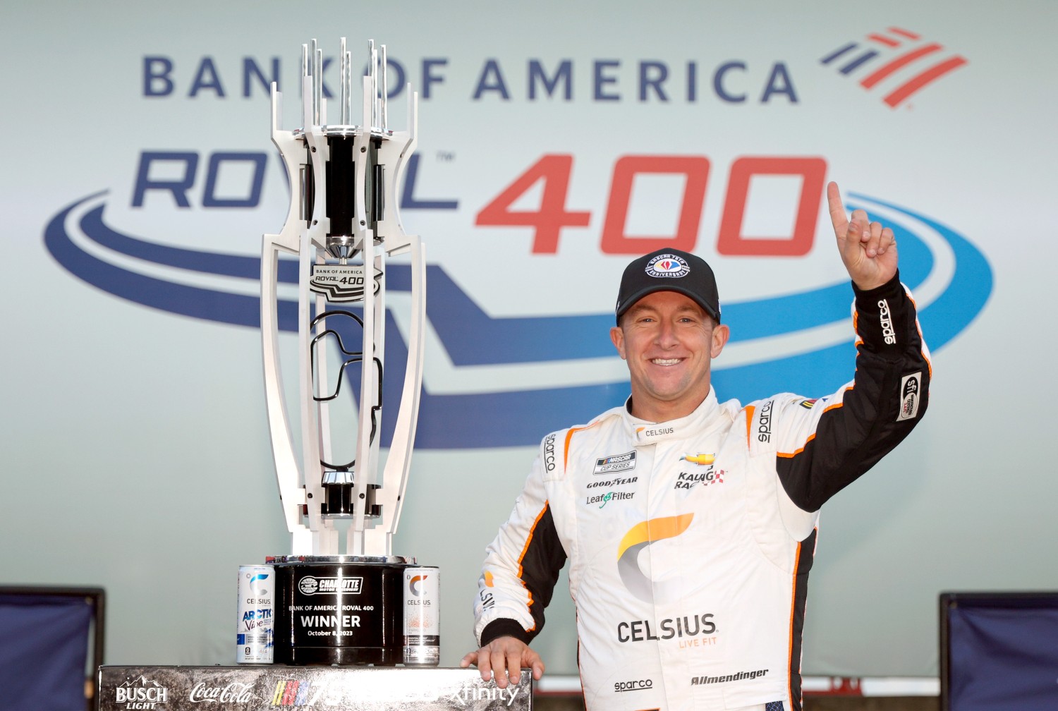 AJ Allmendinger, driver of the #16 Celsius Chevrolet, celebrates in victory lane after winning the NASCAR Cup Series Bank of America ROVAL 400 at Charlotte Motor Speedway on October 08, 2023 in Concord, North Carolina. (Photo by Jared C. Tilton/Getty Images)