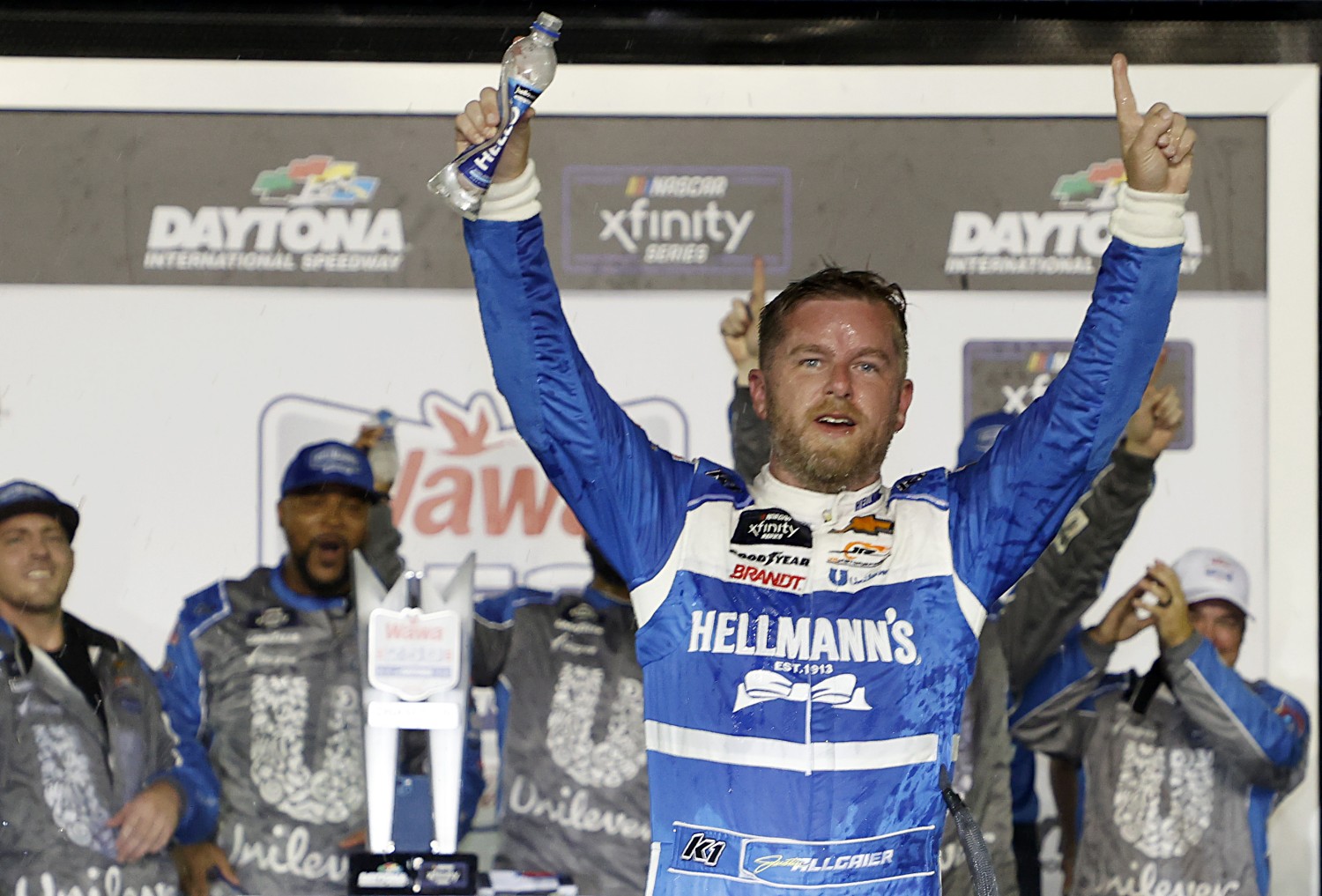  Justin Allgaier, driver of the #7 Hellmann's Chevrolet, celebrates in victory lane after winning the NASCAR Xfinity Series Wawa 250 powered by Coca-Cola at Daytona International Speedway on August 25, 2023 in Daytona Beach, Florida. (Photo by Chris Graythen/Getty Images)