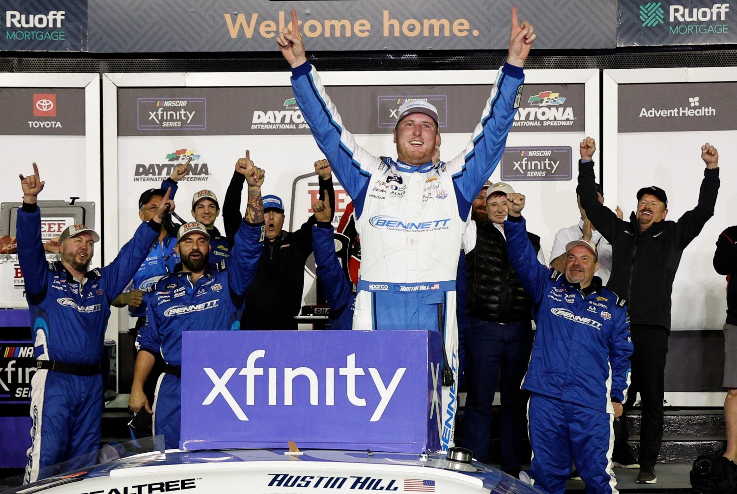 Austin Hill, driver of the #21 Bennett Transportation Chevrolet, celebrates in victory lane after winning the NASCAR Xfinity Series Beef. It's What's For Dinner. 300 at Daytona International Speedway on February 18, 2023 in Daytona Beach, Florida. (Photo by Chris Graythen/Getty Images)