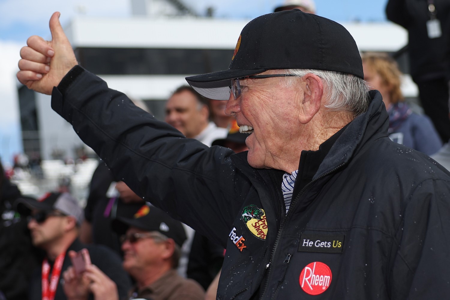 JGR team owner and Hall of Famer, Joe Gibbs gives a thumbs up to Martin Truex Jr., driver of the #19 Bass Pro Shops Toyota, (not pictured) in victory lane after winning the NASCAR Cup Series Würth 400 at Dover International Speedway on May 01, 2023 in Dover, Delaware. (Photo by James Gilbert/Getty Images)