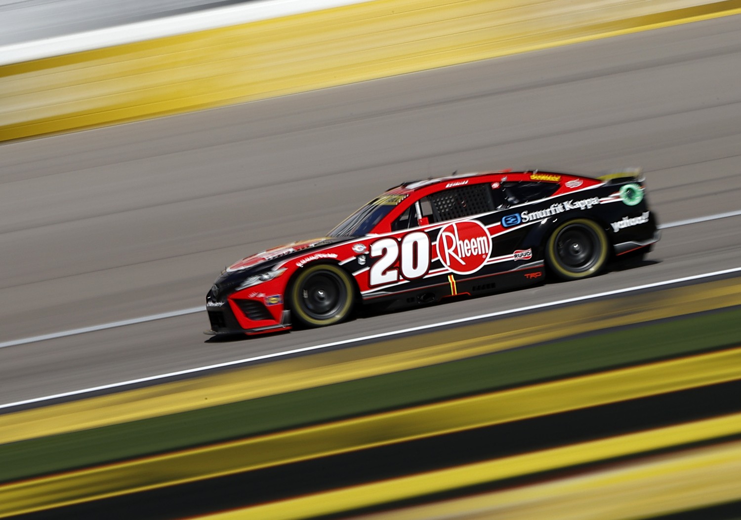 Christopher Bell, driver of the #20 Rheem/Smurfit Kappa Toyota, drives during qualifying for the NASCAR Cup Series South Point 400 at Las Vegas Motor Speedway on October 14, 2023 in Las Vegas, Nevada. (Photo by Chris Graythen/Getty Images)