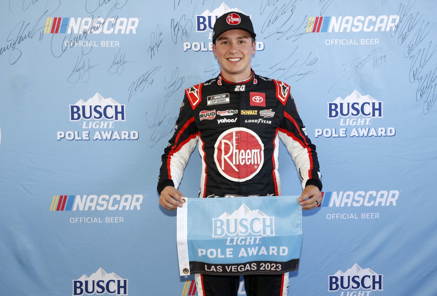 Christopher Bell, driver of the #20 Rheem/Smurfit Kappa Toyota, poses for photos after winning the pole award during qualifying for the NASCAR Cup Series South Point 400 at Las Vegas Motor Speedway on October 14, 2023 in Las Vegas, Nevada. (Photo by Chris Graythen/Getty Images)