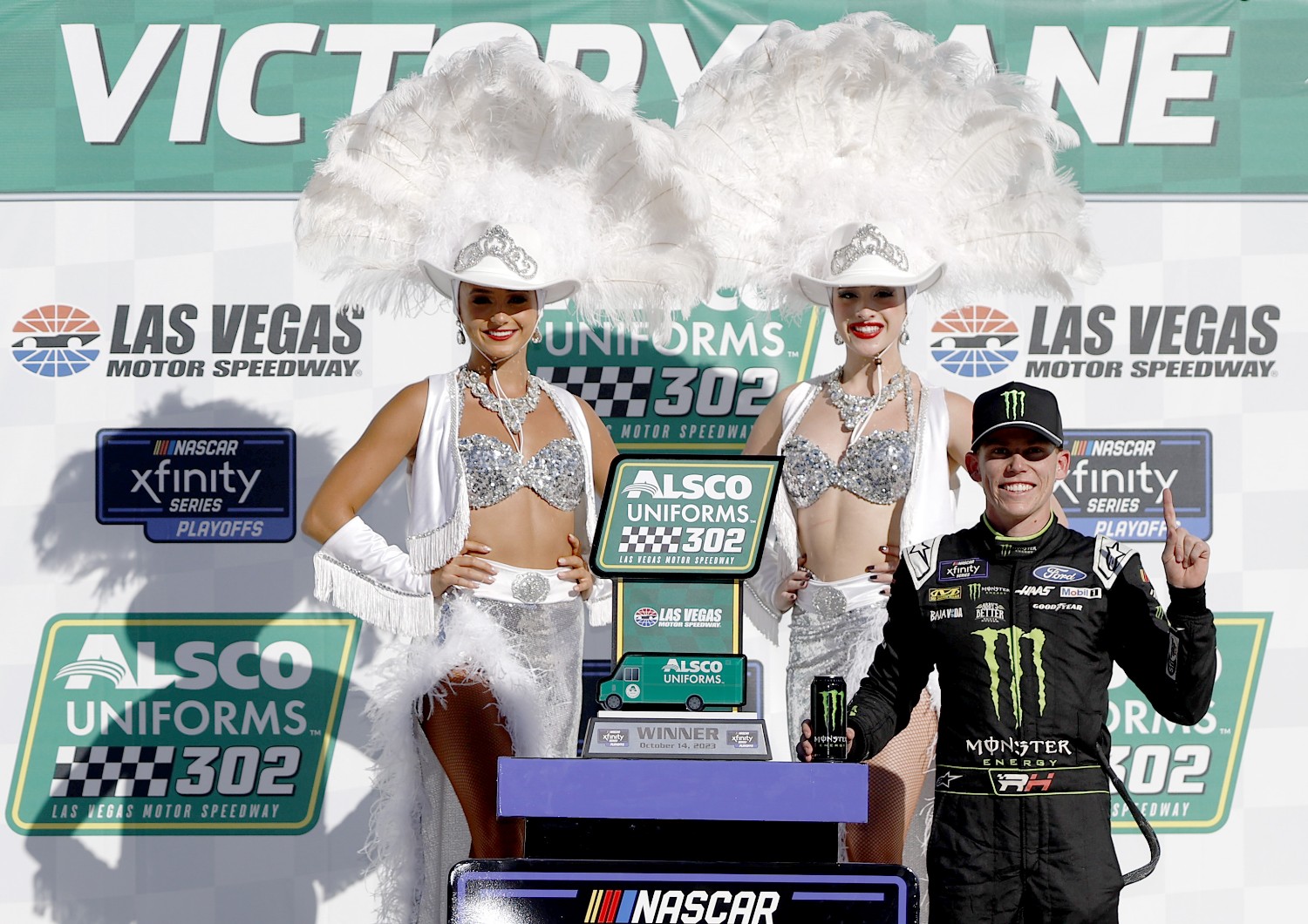 Riley Herbst, driver of the #98 Monster Energy Ford, celebrates in victory lane after winning the NASCAR Xfinity Series Alsco Uniforms 302 at Las Vegas Motor Speedway on October 14, 2023 in Las Vegas, Nevada. (Photo by Chris Graythen/Getty Images for NASCAR)