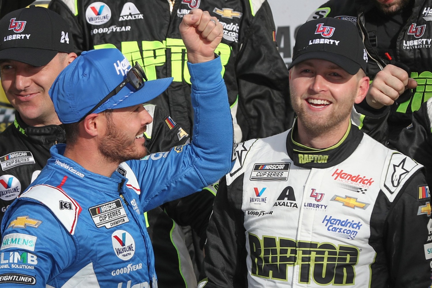 William Byron, driver of the #24 RaptorTough.com Chevrolet, is congratulated by Kyle Larson, driver of the #5 HendrickCars.com Chevrolet, in victory lane after winning the NASCAR Cup Series Pennzoil 400 at Las Vegas Motor Speedway on March 05, 2023 in Las Vegas, Nevada. (Photo by Meg Oliphant/Getty Images)