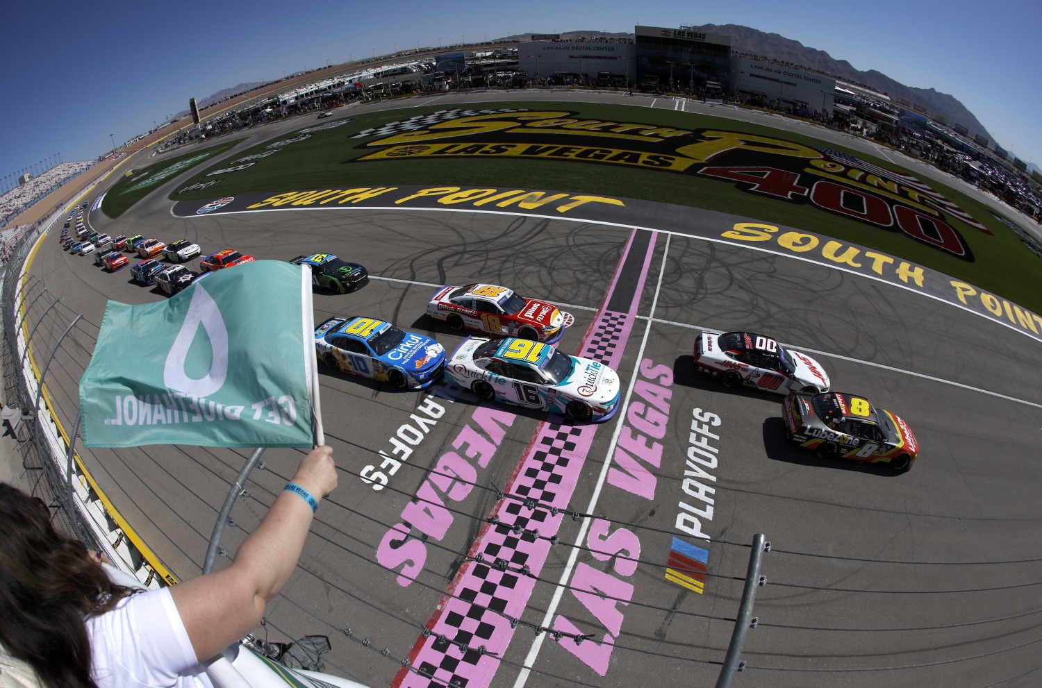  Josh Berry, driver of the #8 LubeZone Chevrolet, leads the field to the green flag to start the NASCAR Xfinity Series Alsco Uniforms 302 at Las Vegas Motor Speedway on October 14, 2023 in Las Vegas, Nevada. (Photo by Sean Gardner/Getty Images for NASCAR)