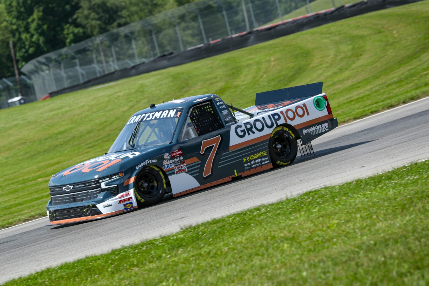 Marco Andretti, driver of the #7 Group1001 Chevrolet, drives during practice for the NASCAR Craftsman Truck Series O'Reilly Auto Parts 150 at Mid-Ohio Sports Car Course on July 07, 2023 in Lexington, Ohio. (Photo by Meg Oliphant/Getty Images)