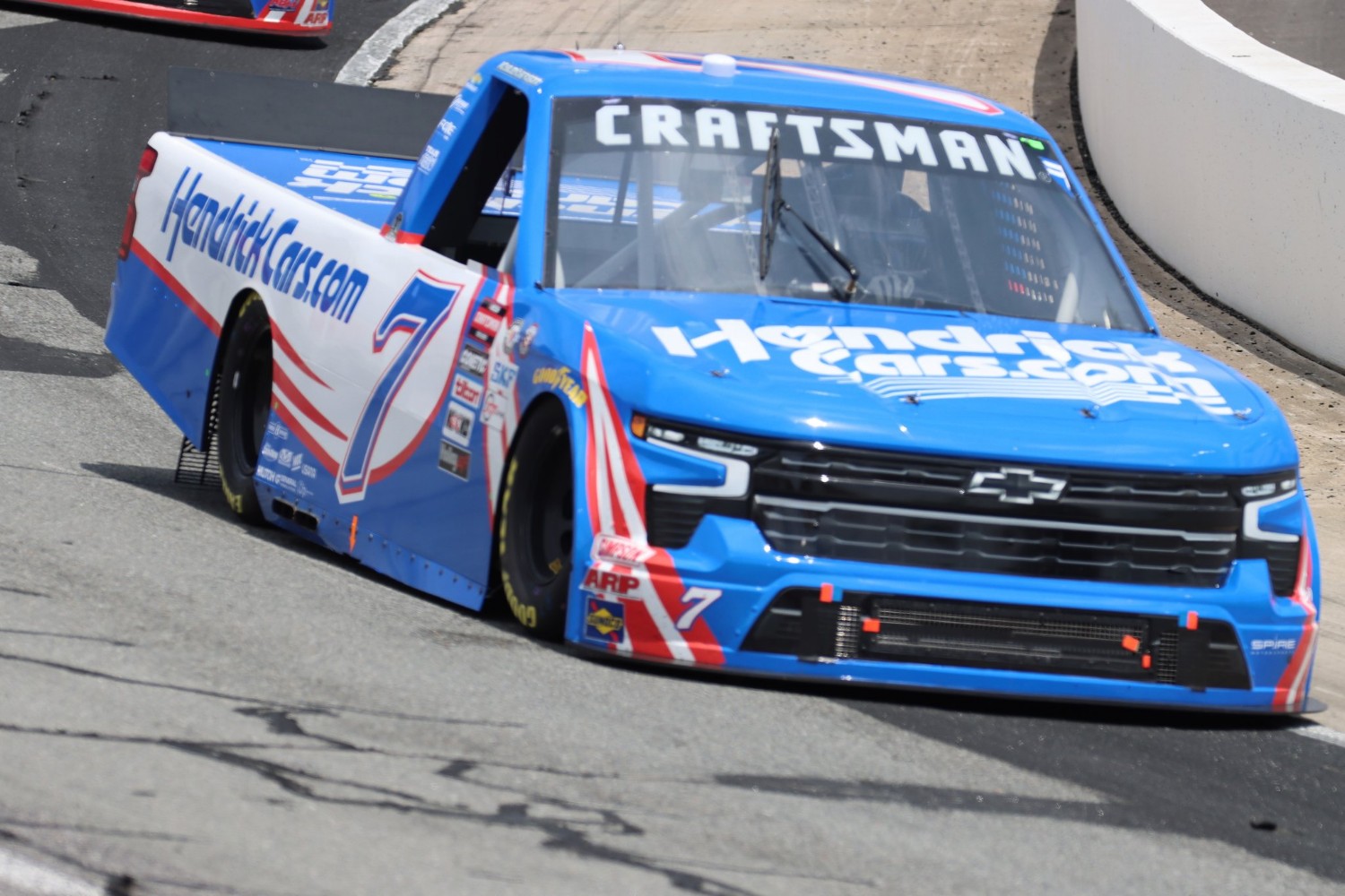 Kyle Larson, driver of the #7 HendrickCars.com Chevrolet, at the NASCAR Craftsman Truck Series Tyson 250 at North Wilkesboro Speedway on May 19, 2023 in North Wilkesboro, North Carolina. (Photo by Jared C. Tilton/Getty Images)