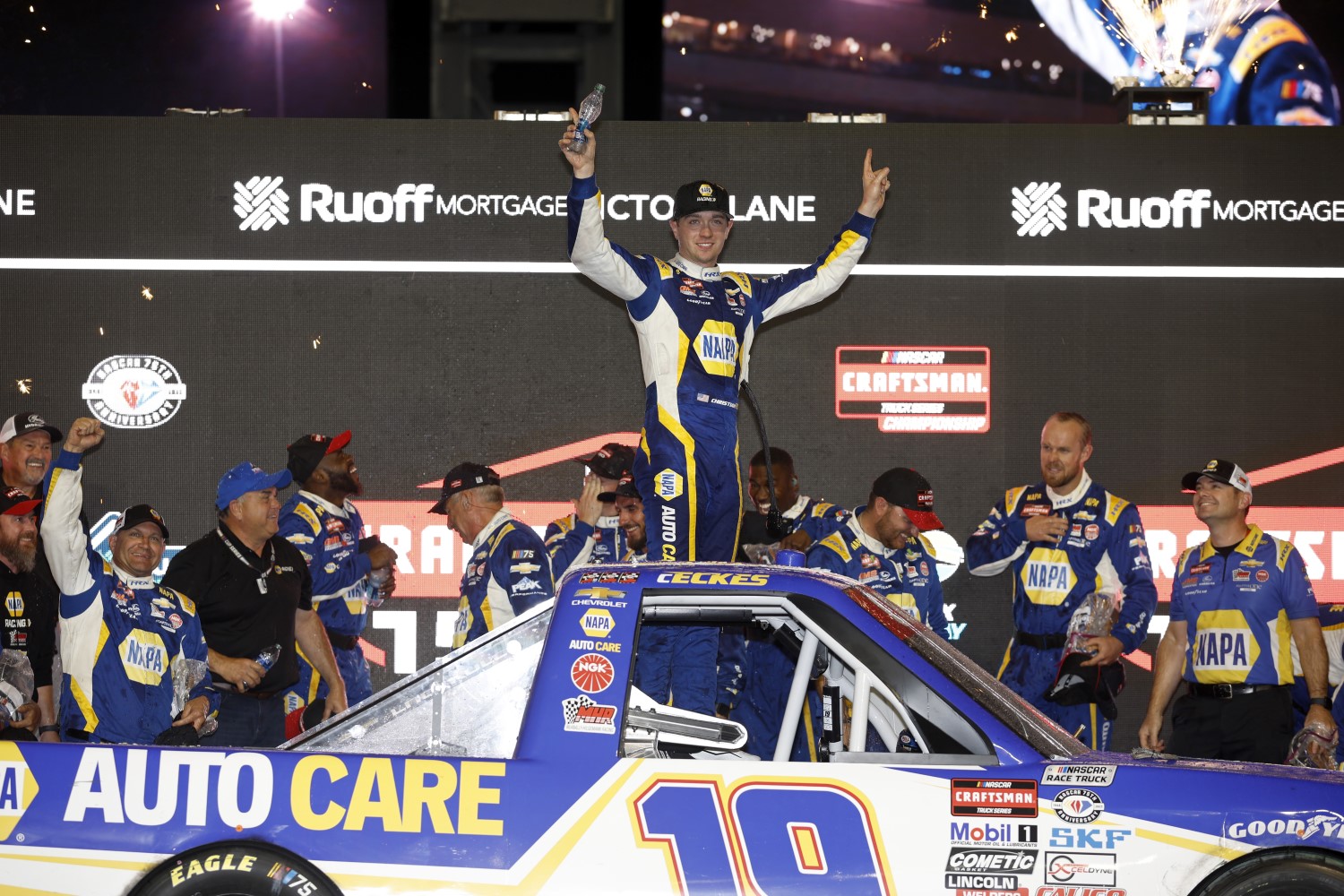 Christian Eckes, driver of the #19 NAPA Auto Care Chevrolet, celebrates in victory lane after winning the NASCAR Craftsman Truck Series Craftsman 150 at Phoenix Raceway on November 03, 2023 in Avondale, Arizona. (Photo by James Gilbert/Getty Images)