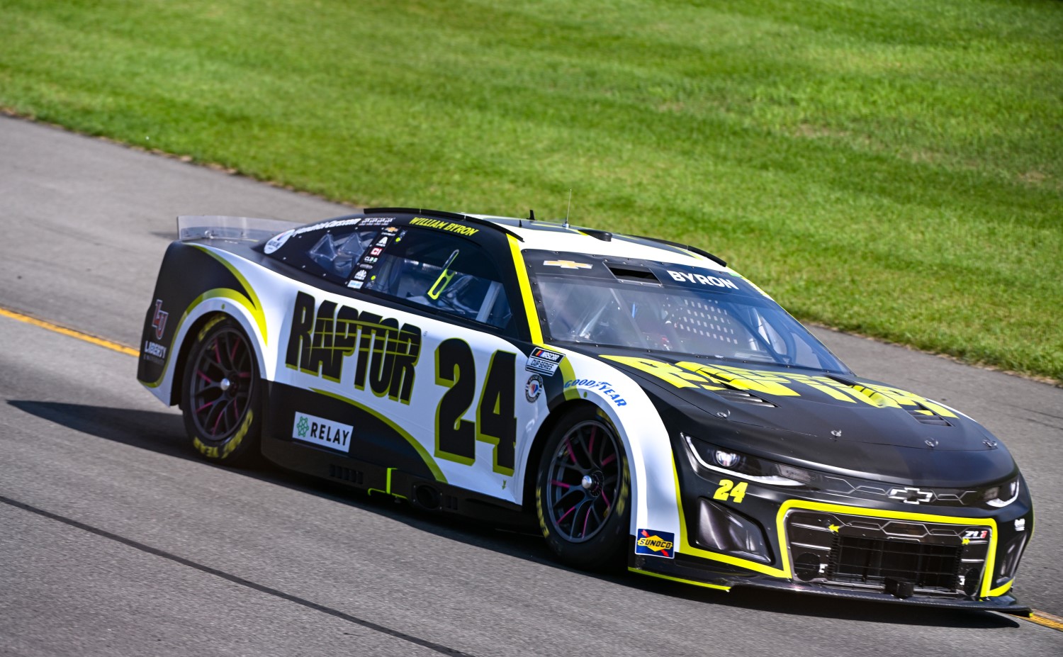 William Byron, driver of the #24 RaptorTough.com Chevrolet, drives during qualifying for the NASCAR Cup Series HighPoint.com 400 at Pocono Raceway on July 22, 2023 in Long Pond, Pennsylvania. (Photo by Logan Riely/Getty Images)