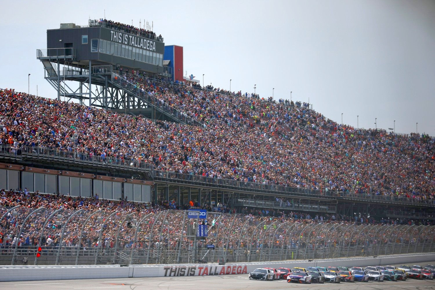 Denny Hamlin, driver of the #11 FedEx Freight Direct Toyota, and Aric Almirola, driver of the #10 Smithfield Ford, lead the field to the green flag to start the NASCAR Cup Series GEICO 500 at Talladega Superspeedway on April 23, 2023 in Talladega, Alabama. (Photo by James Gilbert/Getty Images)