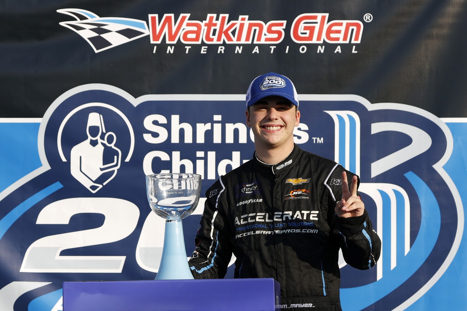 Sam Mayer, driver of the #1 Accelerate Pros Talent Chevrolet, celebrates in victory lane after winning the NASCAR Xfinity Series Shriners Children's 200 at The Glen at Watkins Glen International on August 19, 2023 in Watkins Glen, New York. (Photo by Chris Graythen/Getty Images)