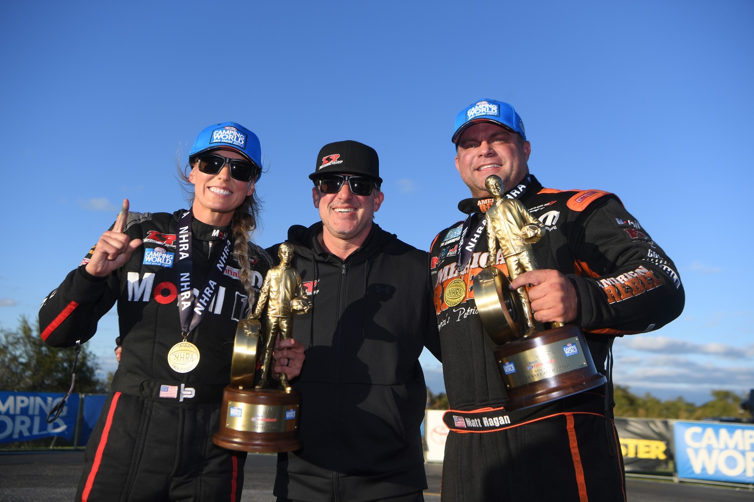 Leah Pruett, Tony Stewart and Matt Hagan Texas NHRA FallNationalsTexas NHRA FallNationals