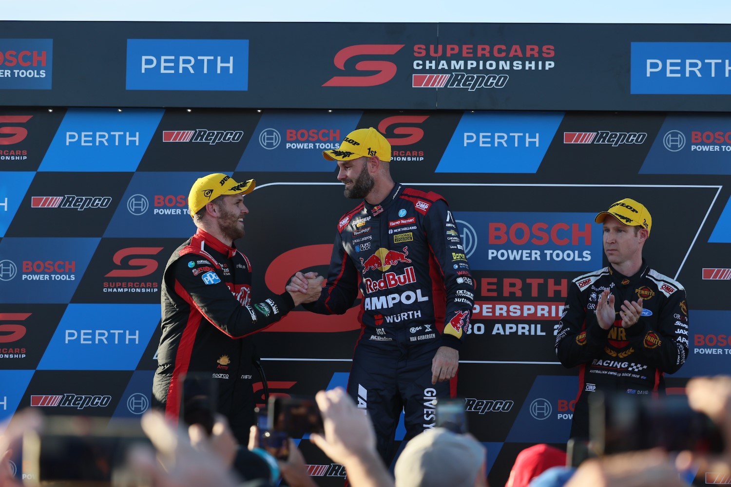 Brodie Kostecki congratulates Shane van Gisbergen after Perth Supercars race