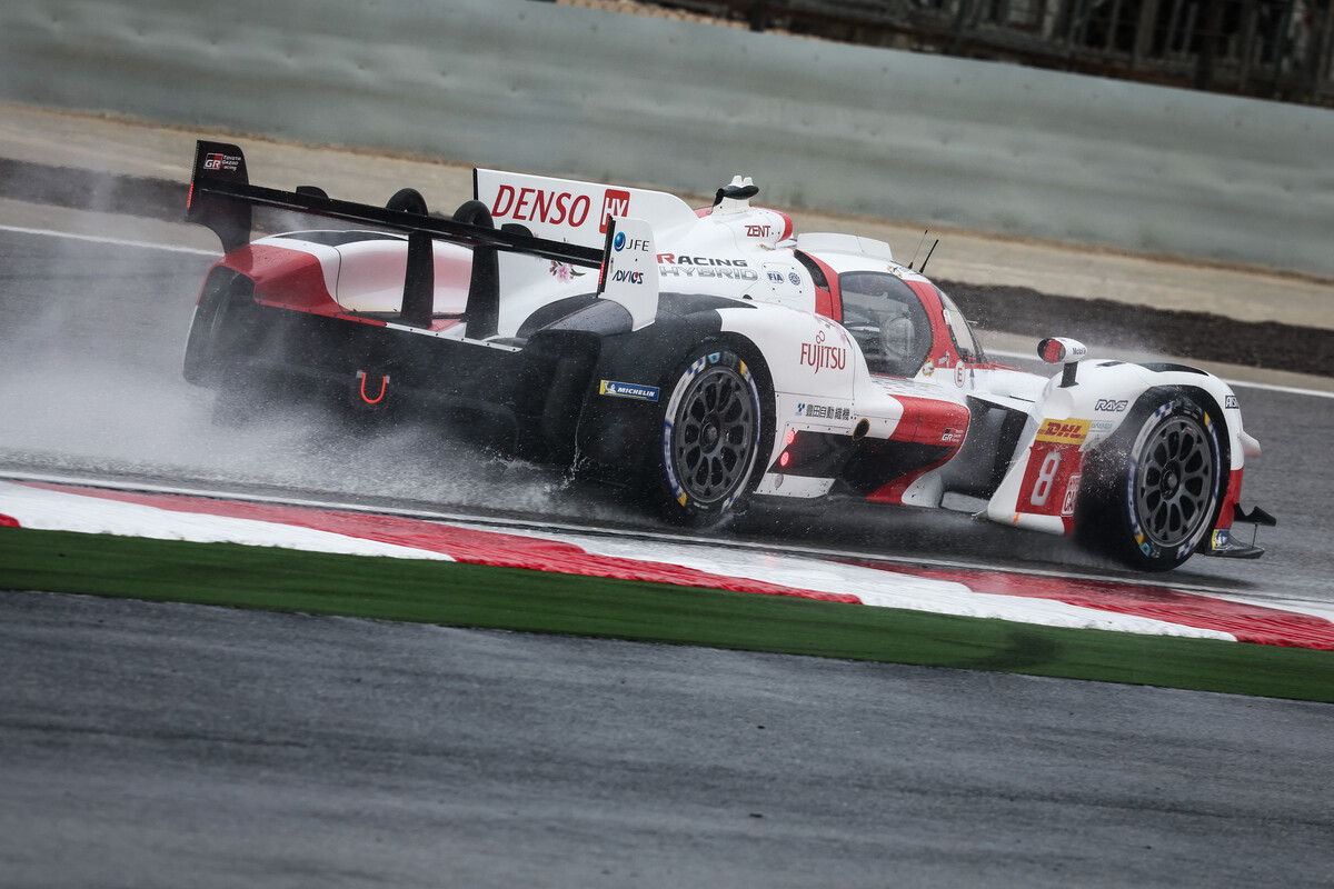 The #8 Toyota in the heavy Practice 1 rain